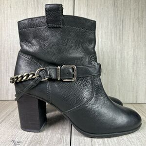 Schutz Western Block Heeled Ankle Chain Booties Black Leather Womens Size 10